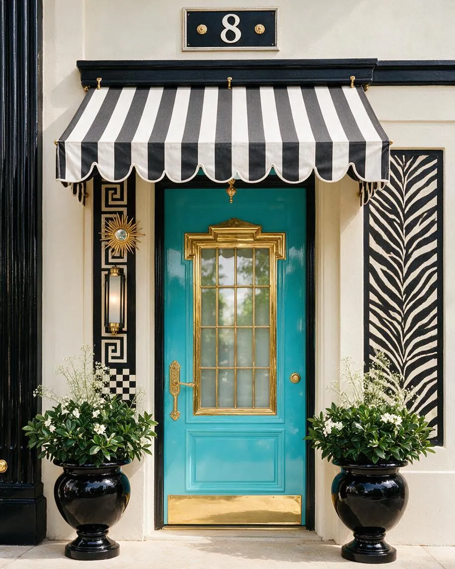 A glamorous exterior entryway with a turquoise front door framed in gold trim, topped by a black-and-white striped awning. The cream facade is accented with bold black and white geometric and zebra-pattern panels, black urn planters with lush greenery, and brass lighting and hardware.