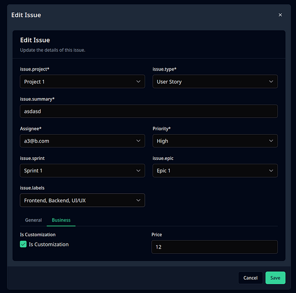 The image displays a user interface for editing a JIRA issue with various fields for project details.