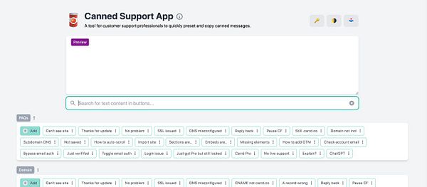 The image displays the interface of the Canned Support App, showcasing a new 'FAQs' category for frequently used replies.