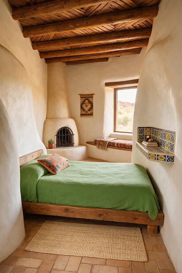 A cozy Southwestern guest bedroom with white adobe walls, exposed wood ceiling beams, and a low wooden bed dressed in a green coverlet and patterned pillow. The room includes a kiva-style fireplace, a tiled window bench, colorful decorative tile accents, and terracotta flooring with a woven rug.