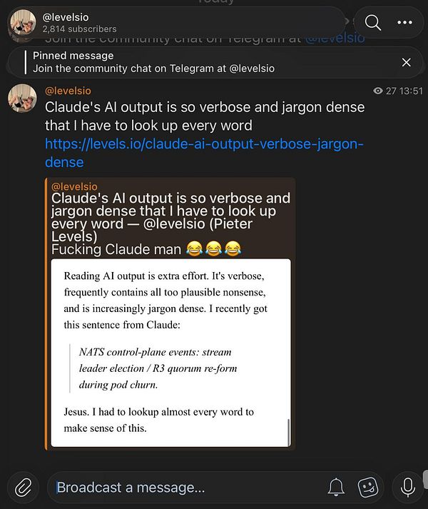 Screenshot of a Telegram chat featuring multiple messages and a pinned blog post link within the Levelsio group chat.