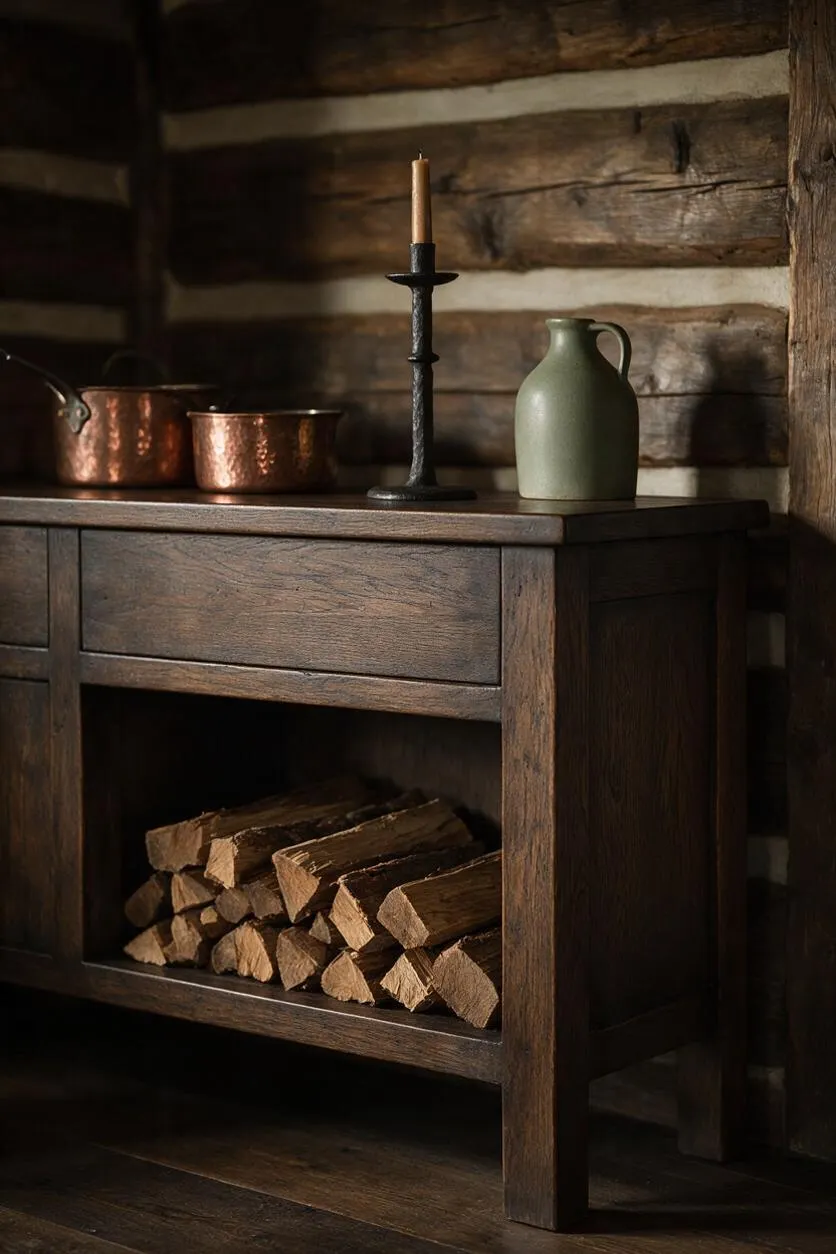 A rustic wooden console or sideboard sits against a log wall, topped with copper pots, a black candlestick, and a muted green jug. The open lower shelf is neatly stacked with split firewood, reinforcing the warm, cabin-like feel.