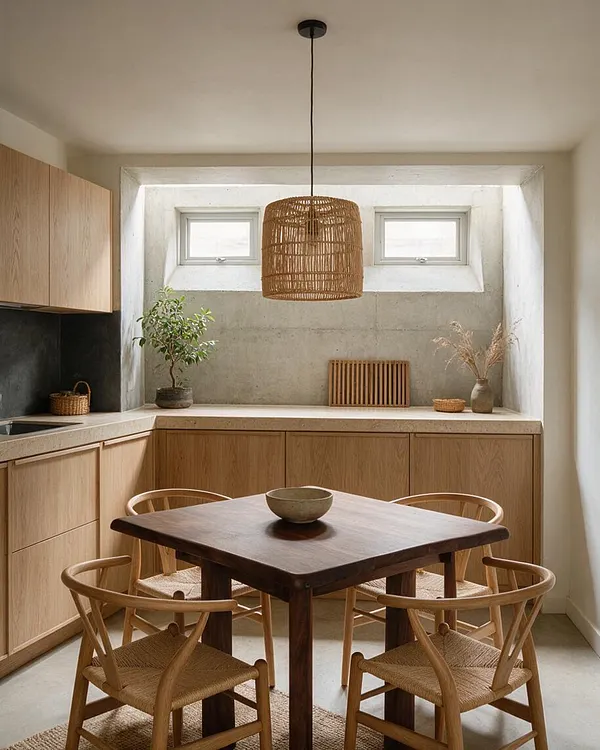 A compact basement dining area styled in Japandi minimalism, with light wood cabinets, a dark wood square table, woven chairs, and a large rattan pendant lamp. A small recessed window area brings in soft daylight, highlighting the concrete wall, neutral finishes, and simple decorative plants.