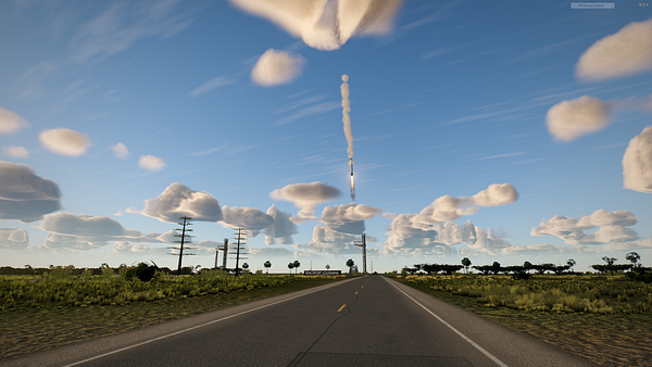 A rocket launching at Spaceport Louisiana under a bright blue sky with scattered clouds, viewed from a cracked road flanked by grassy fields and power poles.