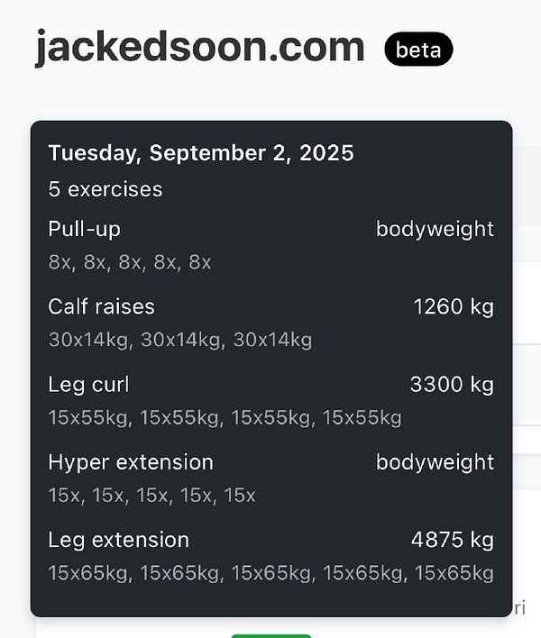 The image displays a workout plan for September 2, 2025, featuring various exercises and their corresponding weights and repetitions.