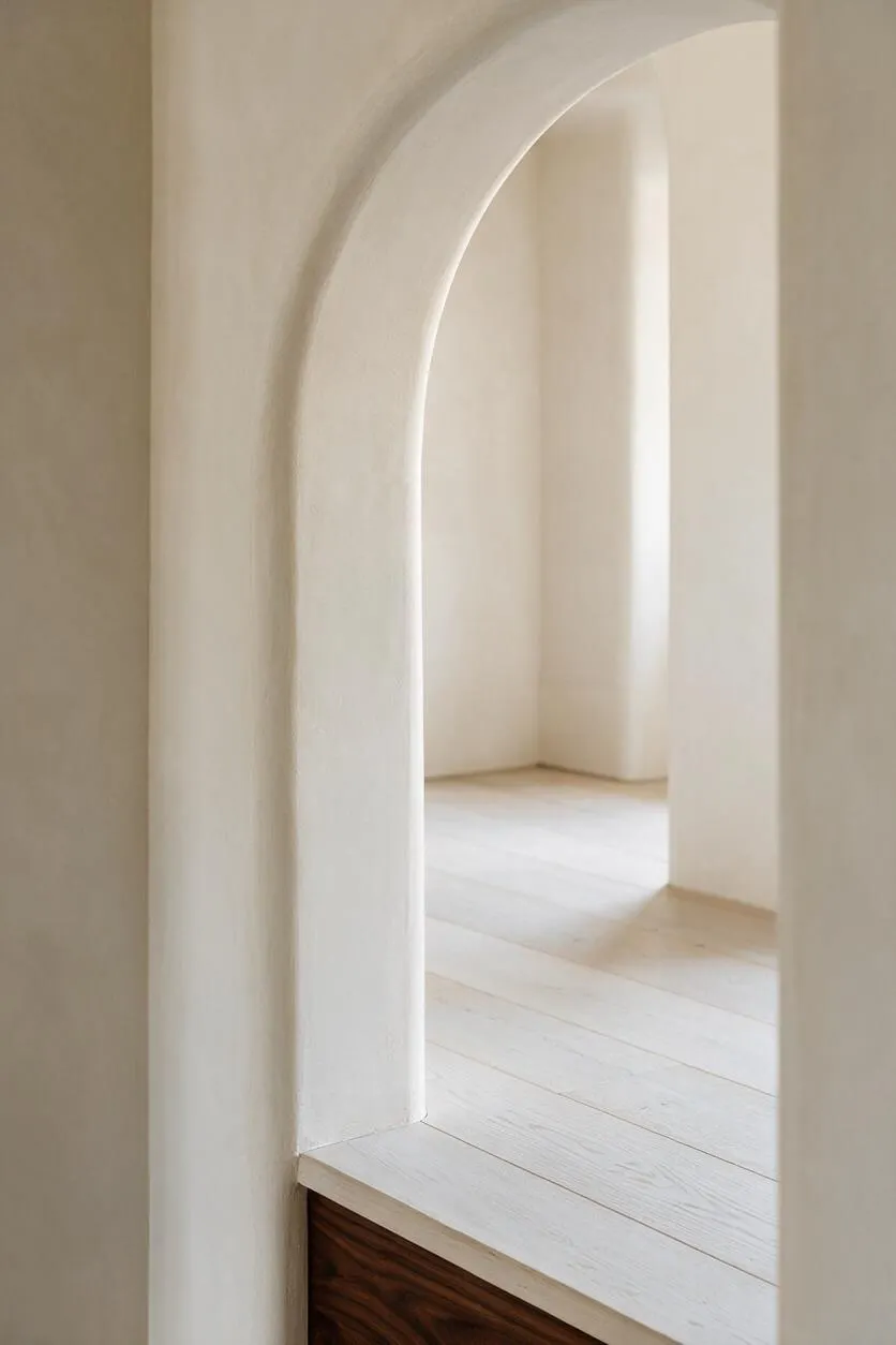 A close-up interior detail of a softly rounded arched doorway in warm white plaster, leading to a bright room with white painted floorboards. A strip of rich natural wood is visible below the opening, adding contrast to the minimal organic design.