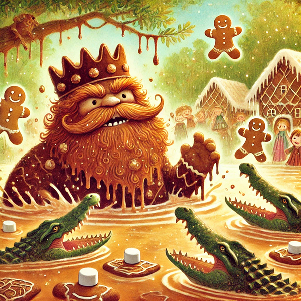 A whimsical scene featuring a giant, bearded king in a chocolate river surrounded by crocodiles and gingerbread figures.