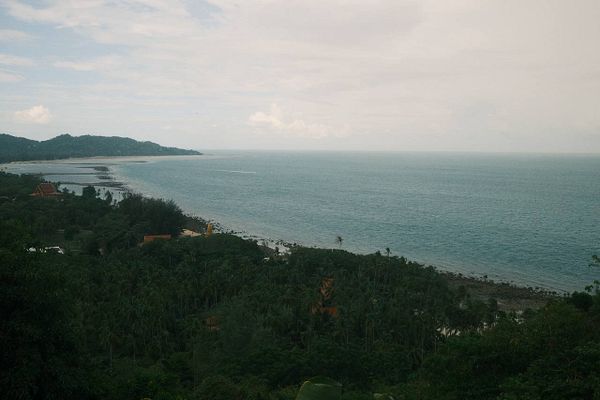 A tropical aerial view of Koh Samui island with green vegetation, beaches, and blue ocean waters.