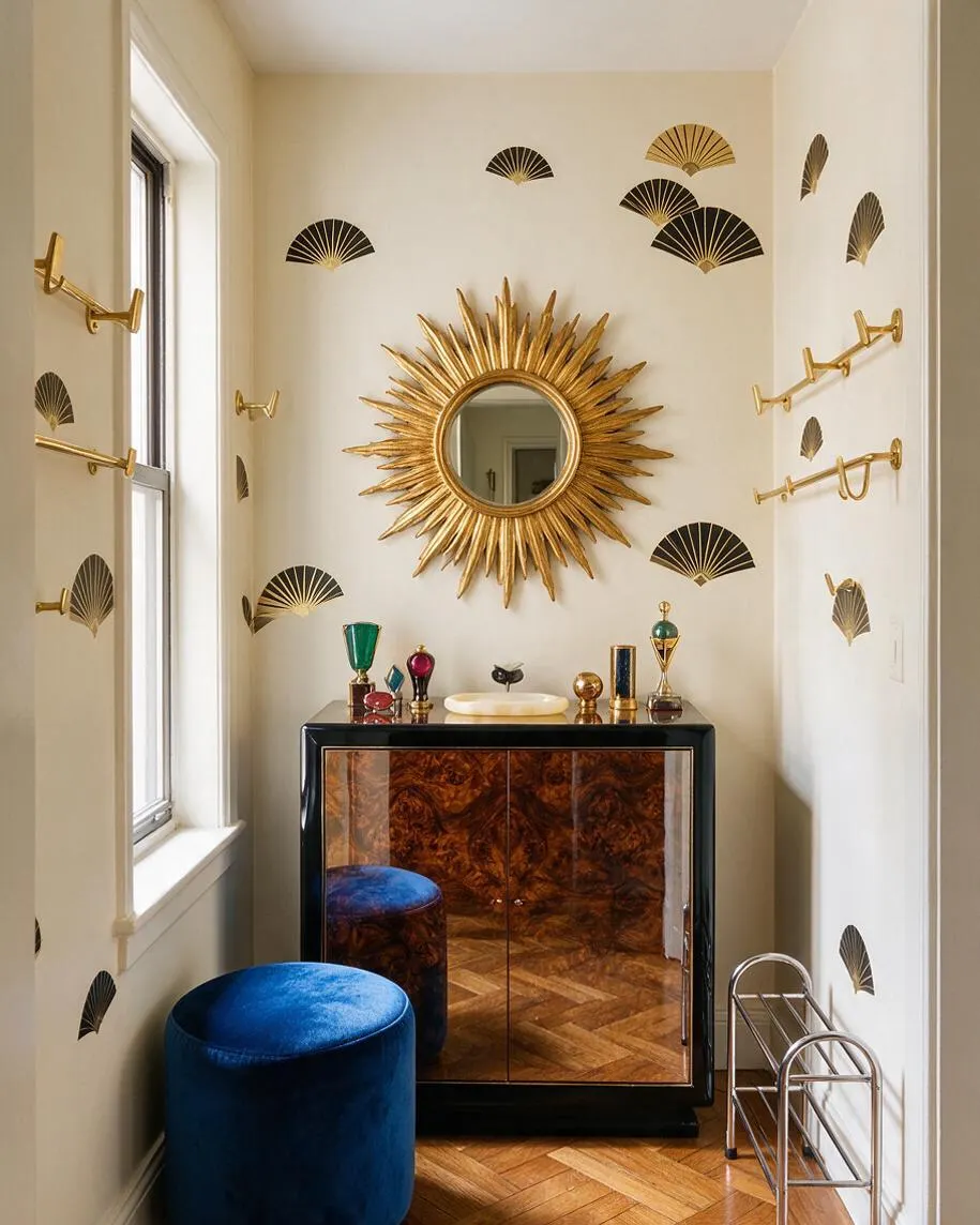 A narrow Art Deco entryway with cream walls decorated in black and gold fan motifs, a large gold sunburst mirror centered above a glossy cabinet, and brass wall hooks on both sides. The space includes a blue velvet ottoman, a silver metal magazine rack, and warm herringbone wood flooring.
