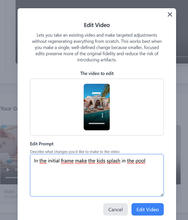 A user interface for editing a video with a prompt for specific changes.