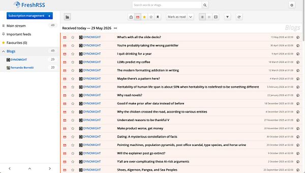 Screenshot of the FreshRSS web interface showing the RSS feed setup and articles list.