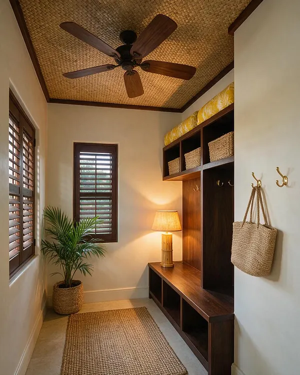 A tropical-style entryway with a woven seagrass ceiling, dark wood ceiling fan, and warm cream walls. The space includes a dark wood bench and storage unit, woven baskets, brass hooks, a potted palm, shuttered windows, and a natural fiber rug.