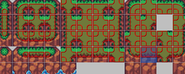 Top-down view of farm game terrain displaying various farm buildings, pathways, trees, and fields organized on grid tiles.