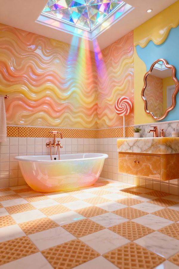 A whimsical bathroom inspired by Candy Land features a freestanding tub with an iridescent gradient and rose-gold faucet, set before glossy 3D wall tiles in peach, pink, and lemon swirls. The checkered floor alternates waffle-cone textured porcelain with white marble, echoed by a matching border. A floating vanity combines a white marble countertop, orange onyx drawers, and copper fixtures beneath a wavy mirror. A faceted skylight casts rainbow beams across the room.