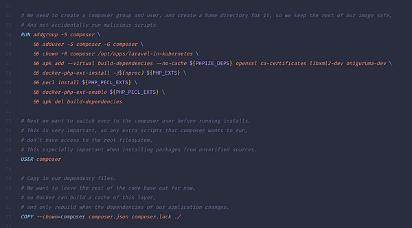 The image displays a code snippet for building a Laravel image for Kubernetes using Docker.