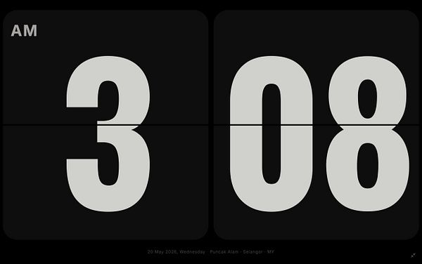 Minimalist digital clock on a black background displaying time in large, white block numbers.