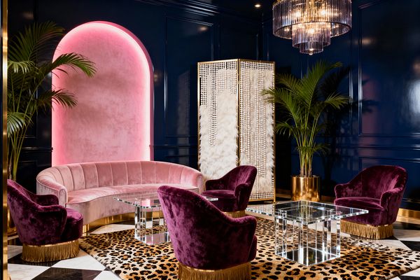 A glamorous media room features high-gloss navy paneled walls and a pink backlit arched niche framing a curved blush velvet sofa. Four aubergine velvet chairs with gold bullion fringe surround two square lucite coffee tables on a tawny leopard-print rug set over black-and-white marble flooring; a tiered glass chandelier, polished brass planters with tall palms, and a beaded room screen with ivory fur panels complete the Hollywood Regency look.
