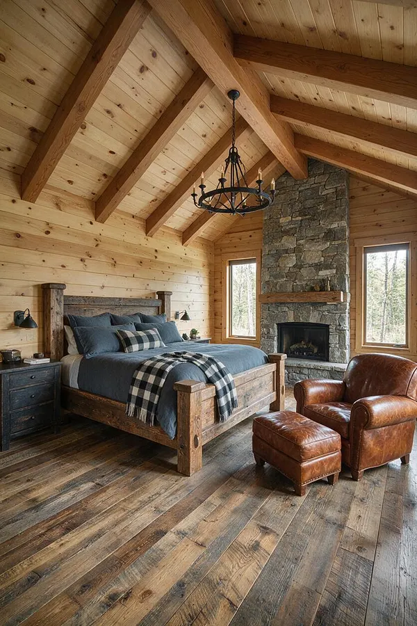 A rustic guest bedroom with a wood-beam vaulted ceiling, knotty pine wall paneling, and a large stone fireplace. The room features a heavy wood bed with blue bedding, a plaid throw, dark wood nightstands, and a brown leather chair with ottoman on wide-plank wood floors.