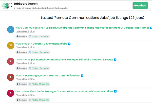 The image displays a job listing interface for remote communications jobs.