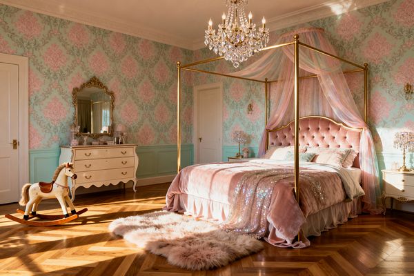 Kids’ bedroom in vintage glam style featuring a gold four-poster bed with a blush tufted headboard and pastel tulle canopy. Velvet bedding with a sequined runner sits beneath a crystal chandelier. Mint green damask wallpaper with matching wainscoting lines the walls, complemented by white crown molding. Curvy cream-painted dressers, crystal lamps, and an ornate gold-framed mirror add elegance. Oak herringbone flooring, a pink faux-fur rug, and a wooden rocking horse complete the room.