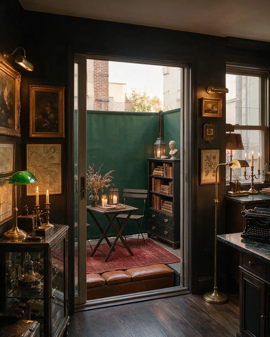 A dark academia-style patio viewed through a doorway, with deep green privacy panels, a small folding table and chair, a bookcase, candles, framed art, and a bust sculpture. Inside, dark walls, brass lamps, a green banker’s lamp, and a typewriter create a moody, scholarly atmosphere.