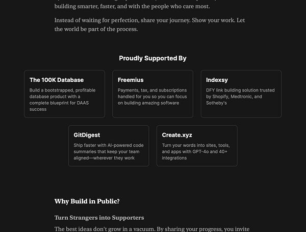 The image features a section of a website highlighting sponsors and a motivational message about building in public.