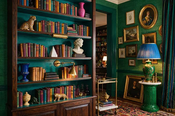 A richly layered room features dark wood built-in bookshelves filled with colorful books and decorative objects, including figurines and vases. The adjacent green-walled space displays framed artwork, a blue-shaded table lamp on a pedestal, and a patterned rug, creating a dramatic maximalist interior.
