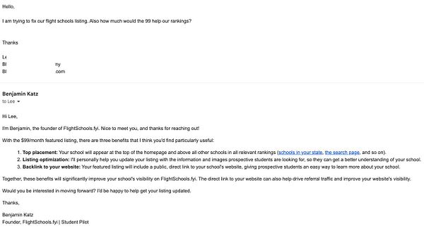 Email exchange discussing benefits of a $99/month FlightSchools.fyi subscription for a flight school listing.