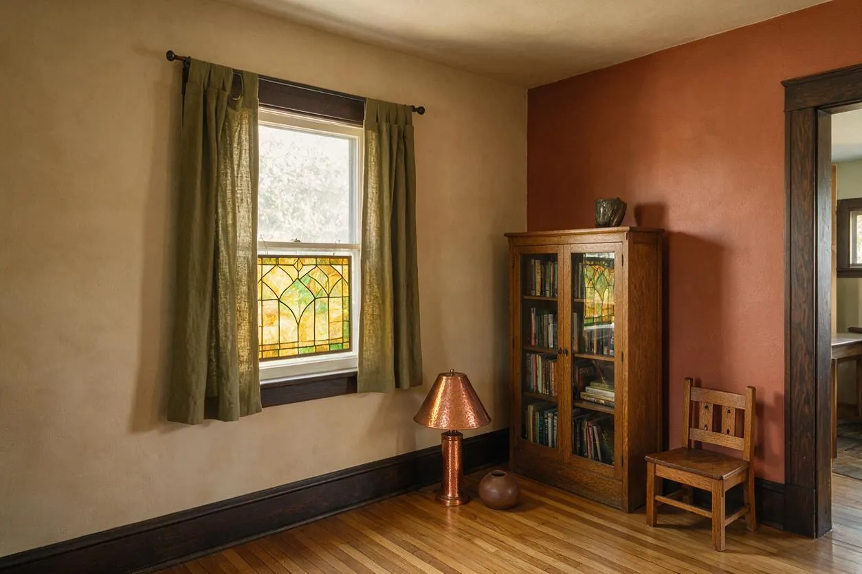 A Craftsman-style living room corner with a stained glass window framed by olive green curtains, beige and terracotta walls, and dark wood trim. A wooden bookcase, small matching chair, copper table lamp, and hardwood floors create a warm, handcrafted feel.