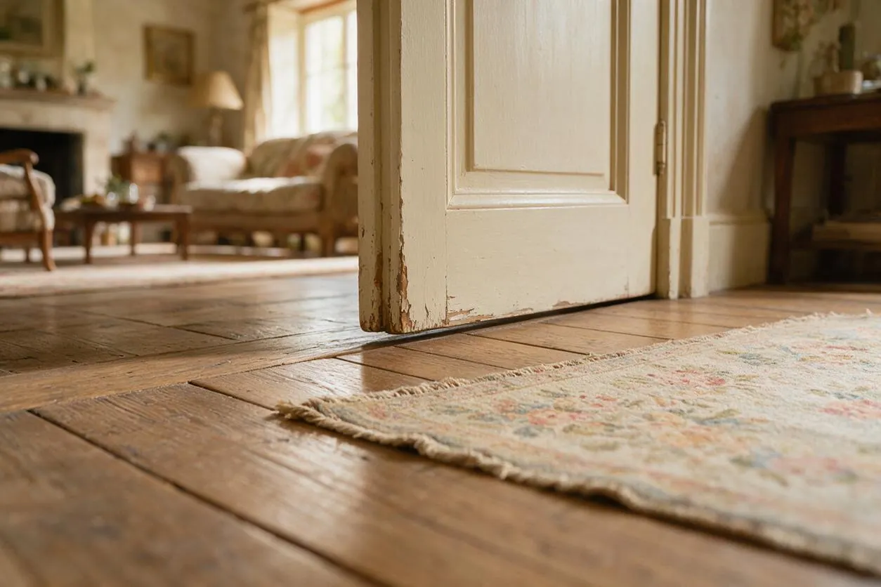 A low-angle view of a French Country interior shows wide-plank wooden floors, a worn cream-painted door with distressed edges, and a soft patterned rug. In the blurred background, a cozy sitting room with upholstered furniture and warm natural light reinforces the rustic, lived-in feel.