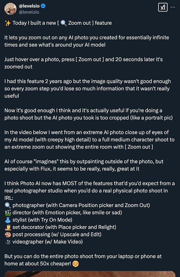 A Twitter post announcing a new 'Zoom out' feature for AI-generated photos.