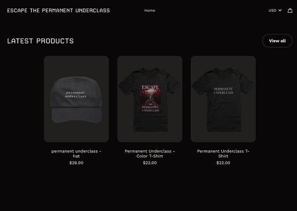 Screenshot of a merchandise webpage showing five product listings with their names and prices.