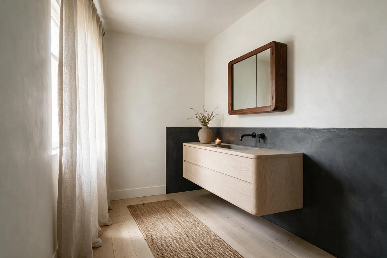 A serene powder room with a floating light oak vanity against a dark plaster half wall, topped by a black faucet and stone sink. A wood-framed mirrored cabinet hangs above, while sheer linen curtains filter daylight from a tall window beside a woven jute runner.