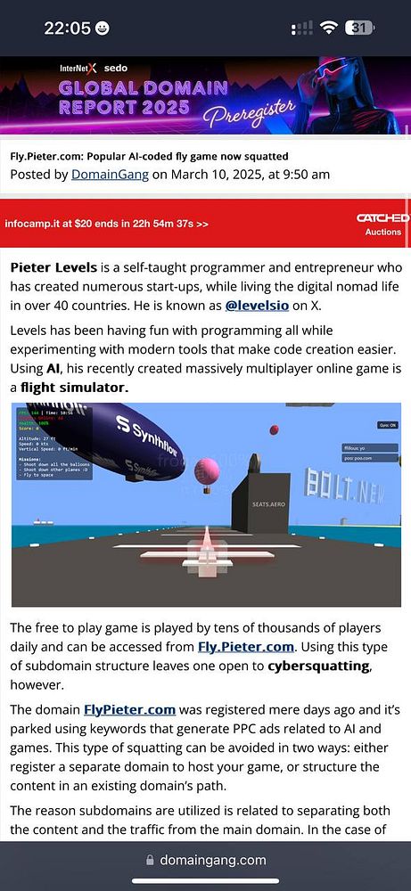 The image features a screenshot of an article discussing the AI-coded game Fly.Pieter.com and its recent cybersquatting issue.