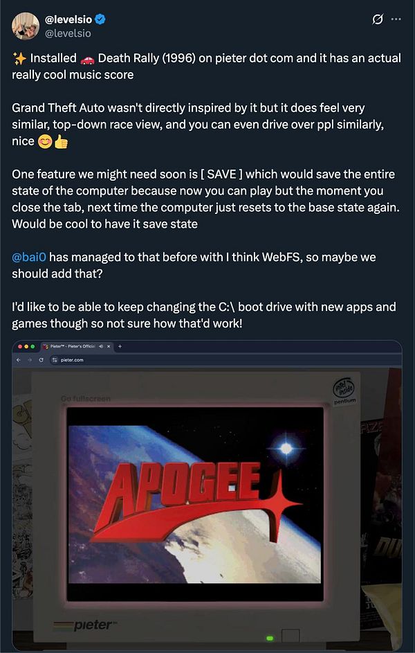 The image features a retro computer screen displaying the logo of Apogee Software, with a background of space.