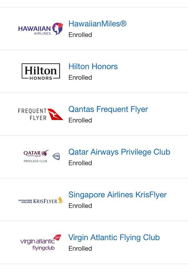 A list of enrolled travel loyalty programs.