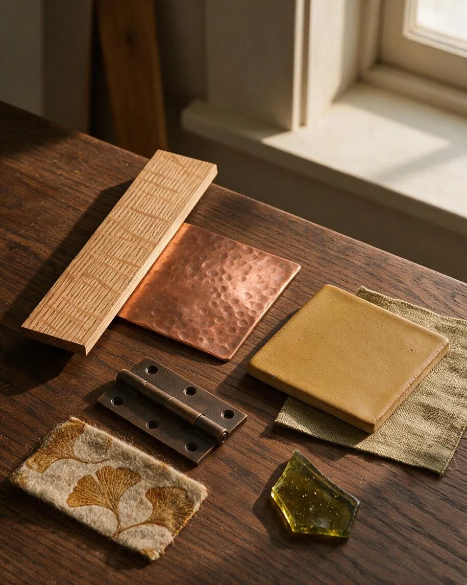A still life of Craftsman-style material samples arranged on a dark wood table near a sunlit window. The display includes textured wood, hammered copper, matte ceramic tile, bronze hinge hardware, woven fabric swatches, and a small green glass piece in warm natural light.