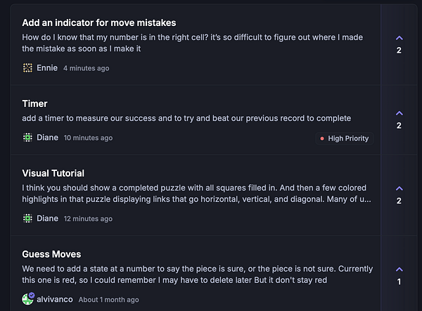 The image displays a task management interface with user feedback on a feature for a game called FeatureBase.