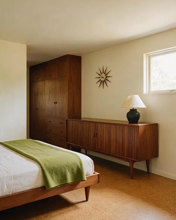 A mid-century modern guest bedroom featuring a low walnut bed with white bedding and a green throw, a matching walnut wardrobe and credenza, and a starburst wall clock. Cream walls, a small frosted window, and a dark ceramic lamp with a white shade create a calm, warm, minimalist atmosphere.