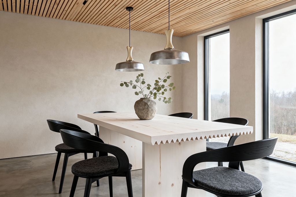 A minimalist Scandinavian dining room with a pale pine table featuring a sawtooth edge, surrounded by six black bentwood chairs with charcoal wool seats. Two brushed metal pendants with light wood necks hang above a stone-textured vase holding eucalyptus. Warm beige plaster walls, a slatted wood ceiling, and tall black-framed windows overlook a muted landscape, with polished concrete flooring completing the calm, airy space.