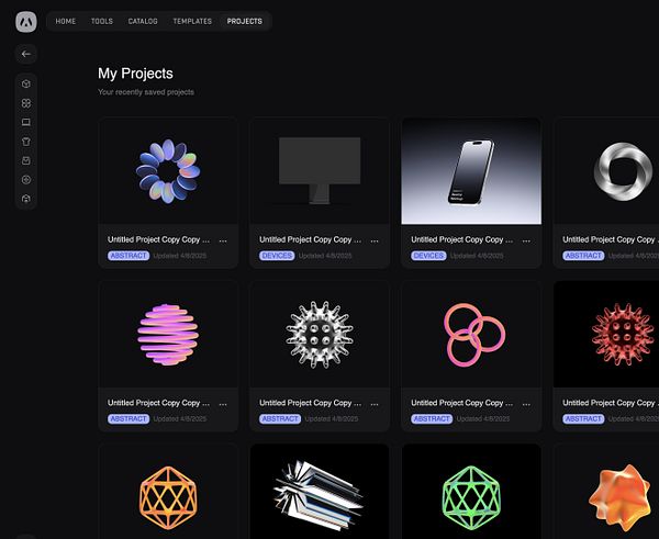 The image displays a user interface for a project management page showcasing various saved projects.