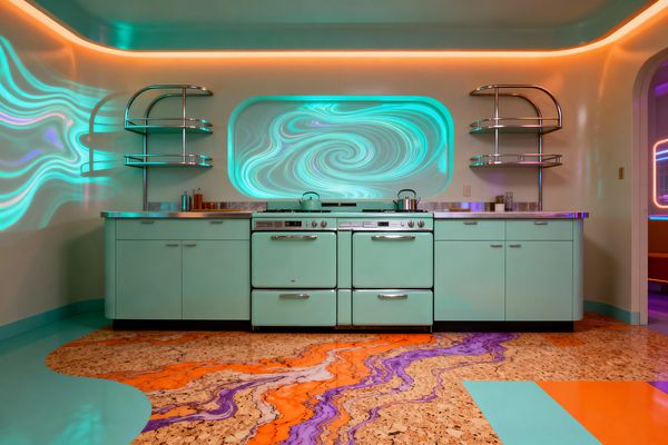 A retro-inspired laundry room with mint green metal cabinets, a stainless countertop, and rounded chrome open shelves set against softly curved walls. A glowing aqua swirl panel and color-shifting cove LEDs cast fluid light across the room, while a cork floor inlaid with glossy orange and purple epoxy creates a bold, marbled pattern; polished chrome hardware and a central bank of mint appliances complete the scene.