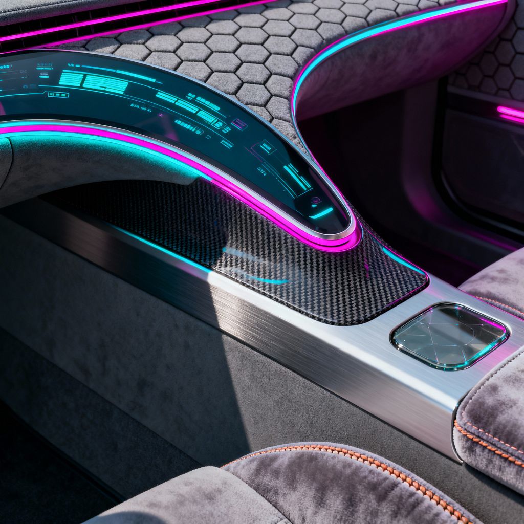 A futuristic media room control console features a sweeping curved glass touchscreen edged in neon magenta and cyan light, set above a carbon-fiber surface and a brushed aluminum surround. Gray suede-like seating with hexagonal quilting and orange topstitching frames the unit, with a square glass touchpad inset in the metal; ambient LED strips trace the contours, emphasizing smooth lines, technical textures, and an immersive high-tech atmosphere.