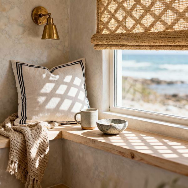 Sunlight pours onto a coastal living room window seat with a light natural-wood ledge. A woven jute Roman shade filters the light, casting a lattice pattern across the pale plaster walls and bench. To the left, a small brass wall sconce hangs above an off-white linen pillow trimmed with navy stripes and a chunky tan knit throw. On the sill rest a stoneware mug and speckled bowl, while the ocean and rocky shoreline are visible beyond the window.