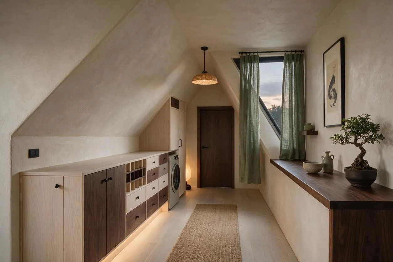 A narrow Japandi-style laundry room with sloped ceilings, pale plaster walls, and built-in light and dark wood cabinetry. A washing machine is integrated into the long run of storage, while a dark wood countertop, green curtains, woven rug, and a small bonsai add a calm, natural feel.