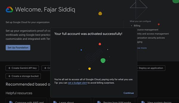 Screenshot of the Google Cloud Console dashboard confirming activation of a free trial with $300 credit.