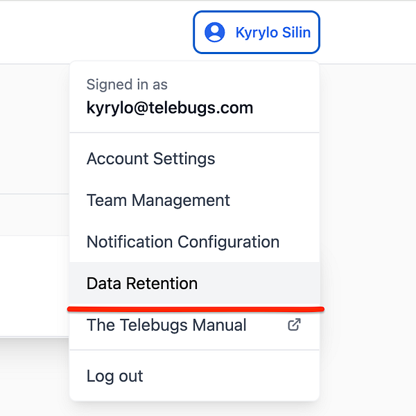 The image displays a user account menu from a web application with a focus on the 'Data Retention' option.