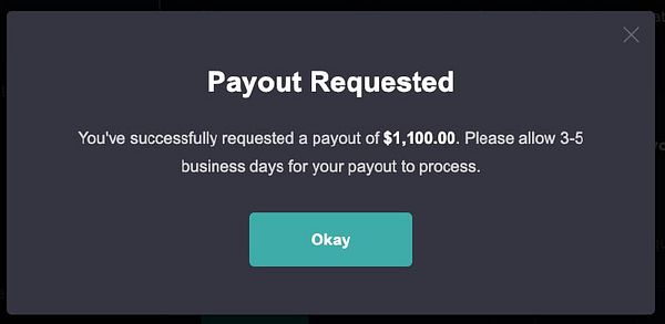 A confirmation message indicating a payout request of $1,100.