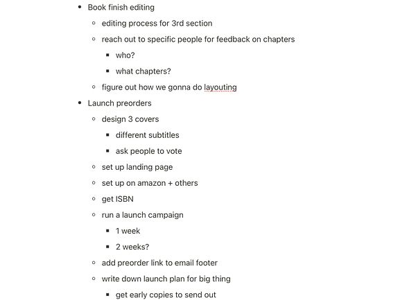 A detailed task list for a book project focusing on editing and launch preparations.
