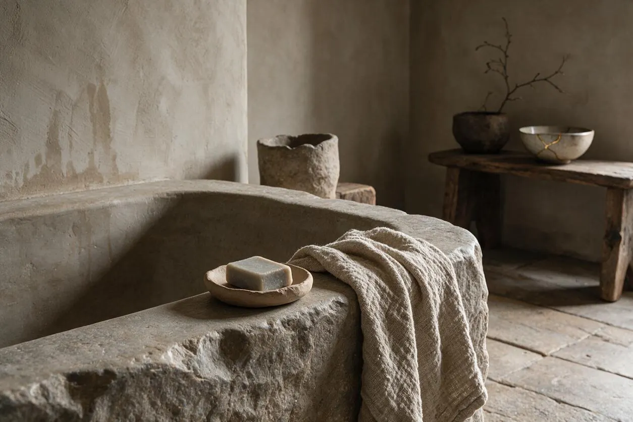 A serene Wabi-Sabi bathroom scene with a rough carved stone tub in the foreground, a small soap dish with a bar of soap, and a soft neutral towel draped over the edge. In the background, a rustic wooden bench holds simple ceramic bowls and a bare branch, with muted plaster walls and worn stone flooring completing the organic, minimalist atmosphere.